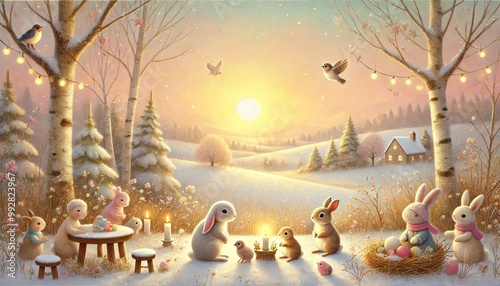 A heartwarming sunrise welcoming the New Year, with gentle animals gathering in a soft, snowless landscape under golden morning light