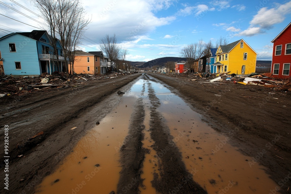 Obraz premium Desolate Street After Disaster with Colorful Houses