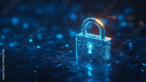 an illuminated padlock on a taxtured blue background representing digital security concept generative ai photo