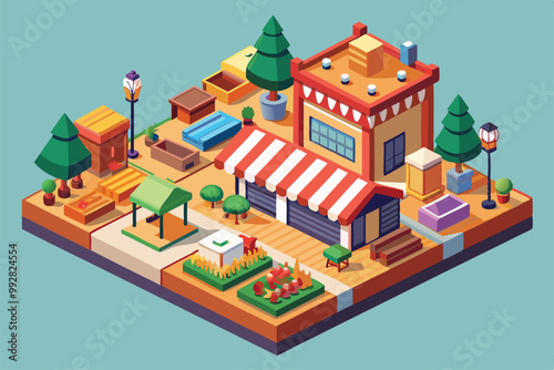 A lively, customizable marketplace design featuring various stalls, greenery, and pathways for vendors and visitors, Customizable isometric illustration for marketplace.