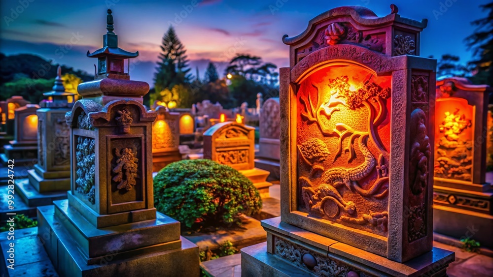 Obraz premium Elegant Chinese Tombstone Design Featuring Intricate Carvings and Traditional Symbolism Elements