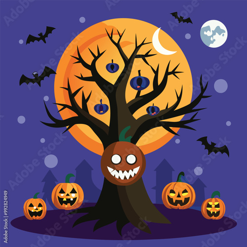 The vector illustration of the magic tree with a Halloween concept. Whimsical Tree of Spooks and Specters.
