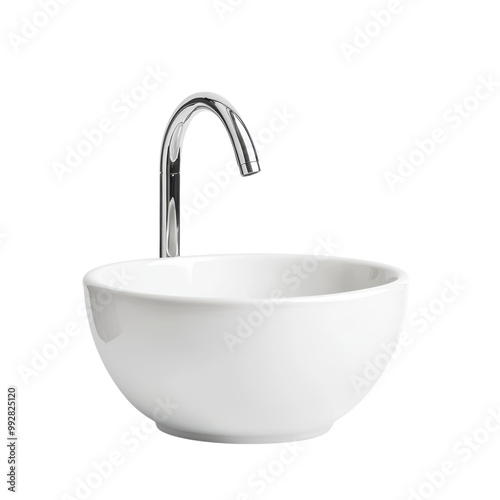 Modern White Ceramic Vessel Sink with Chrome Faucet Isolated on Transparent Background