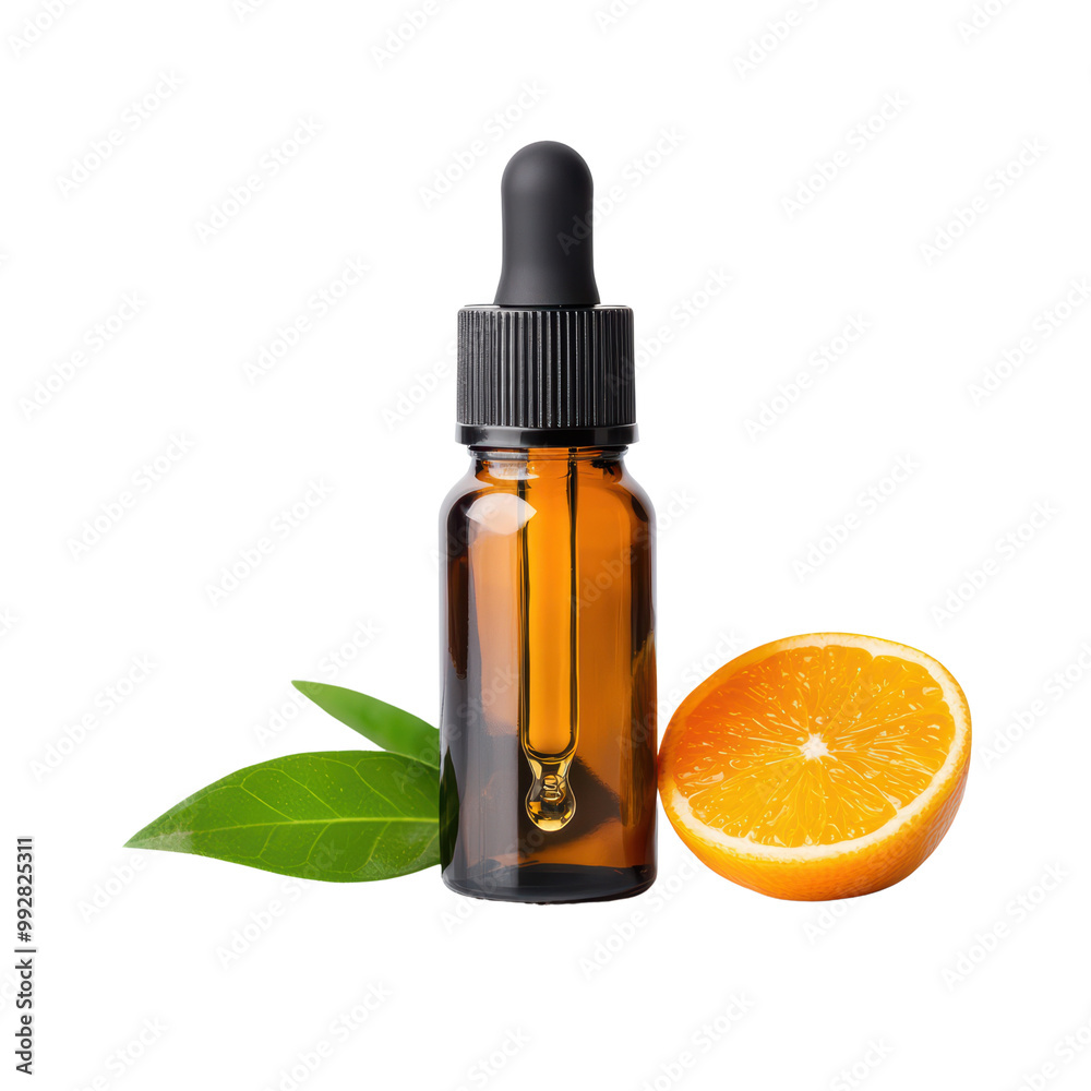 Essential Oil Bottle with Dropper and Fresh Orange Slice on Transparent Background Essential Oil Bottle with Dropper and Fresh Orange Slice on Transparent Background