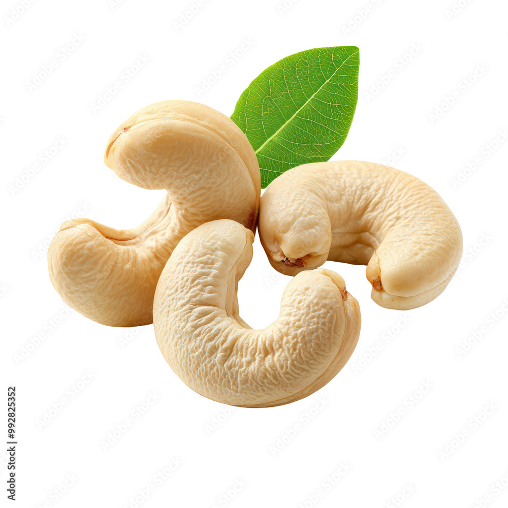 Fresh Raw Cashew Nuts with Green Leaf Isolated on Transparent Background Fresh Raw Cashew Nuts with Green Leaf Isolated on Transparent Background