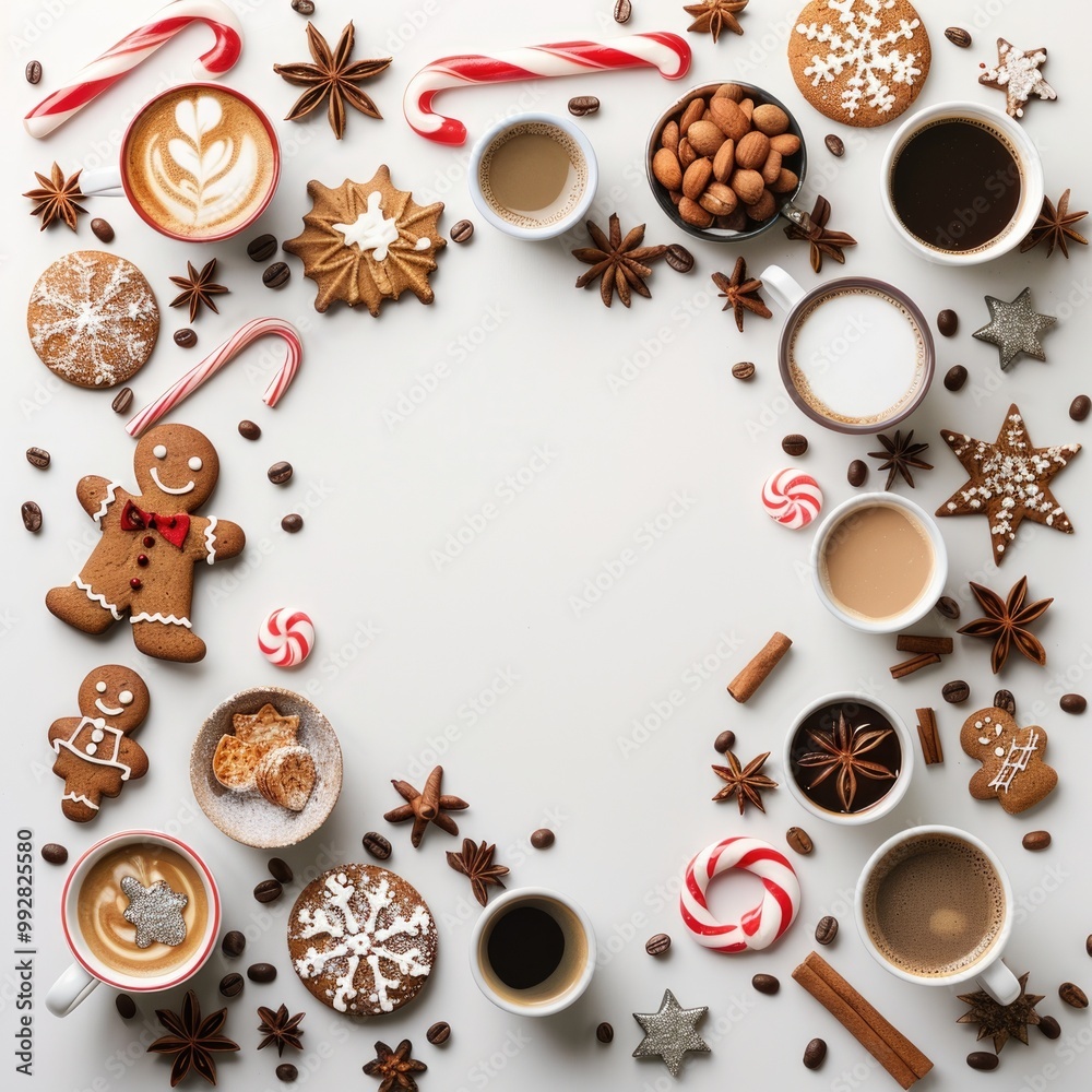 Fototapeta premium Festive coffee and treats arrangement in warm colors with copy space