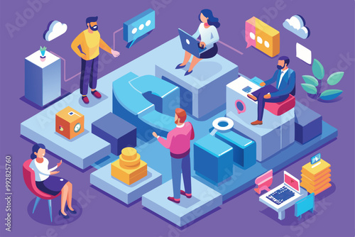 A diverse group collaborates on laptops while discussing ideas in a vibrant workspace, Customizable Isometric Illustration for Miscommunication