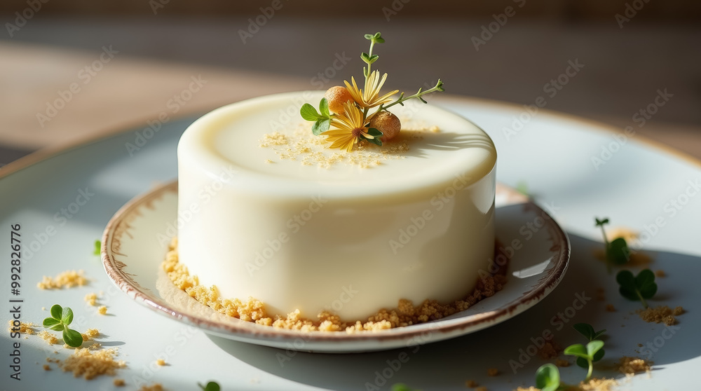 A beautifully crafted creamy dessert sits on a plate, adorned with small flowers and crunchy crumbs around the base, all illuminated by soft natural light A beautifully crafted creamy dessert sits on a plate, adorned with small flowers and crunchy crumbs around the base, all illuminated by soft natural light
