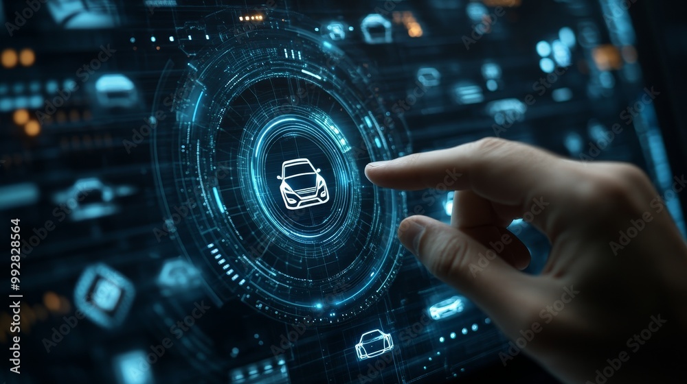 Futuristic Automotive Service App Interface with Hand Tapping Icon - High-Tech Digital Technology Concept Futuristic Automotive Service App Interface with Hand Tapping Icon - High-Tech Digital Technology Concept