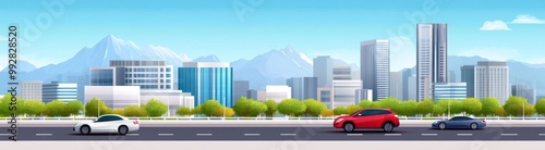 Modern Cityscape with Cars and Mountains