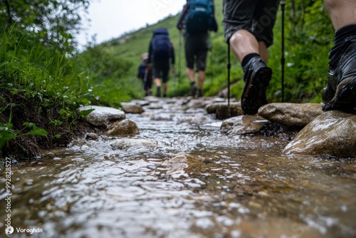  Group Of Hikers Crossing A Shallow Mountain Stream, Using Rocks As Stepping Stones. The Water Is Cold And Clear