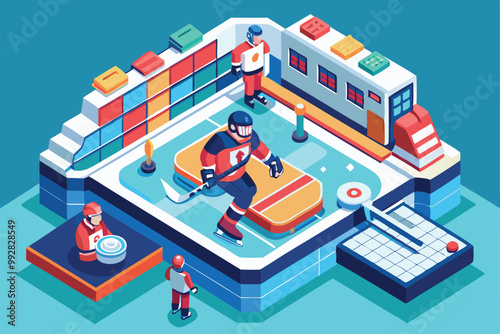 Para ice hockey athletes engage in a spirited match on a vibrant indoor rink, showcasing their skills, Customizable isometric illustration for para ice hockey.