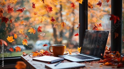 Cozy Workspace with Laptop, Coffee, and Autumn Vibes by the Window