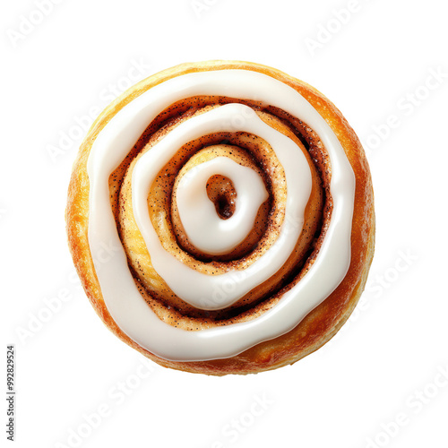 Delicious Cinnamon Roll with Creamy Icing - Top View of a Freshly Baked Pastry on Transparent Background photo