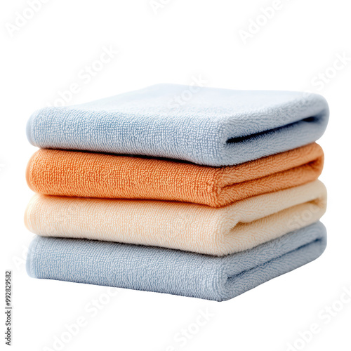 Stack of Colorful Microfiber Towels in Blue, Orange, and Cream for Cleaning and Household Use