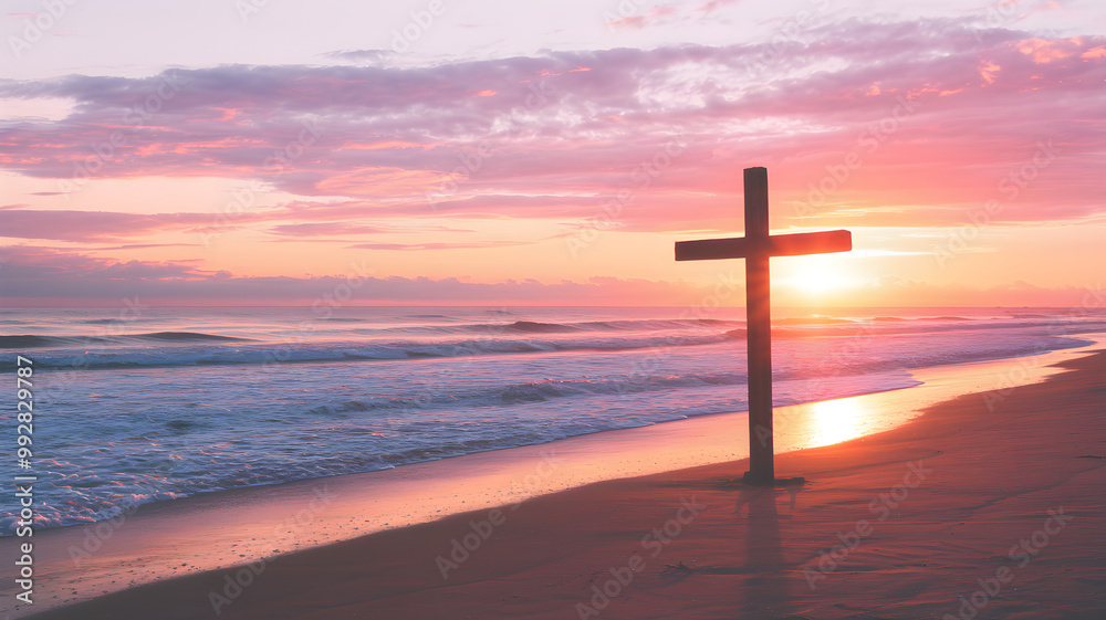 Solitary Wooden Cross on Beach at Sunset Solitary Wooden Cross on Beach at Sunset
