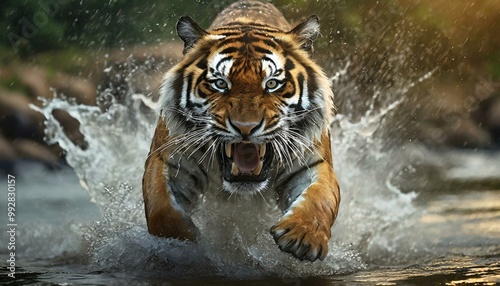 an angry Tiger run in the splashing River water