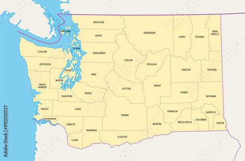 Washington, U.S. state, subdivided into 39 counties, political map with borders and county names. Westernmost state in the Pacific Northwest region of the United States, nicknamed The Evergreen State.