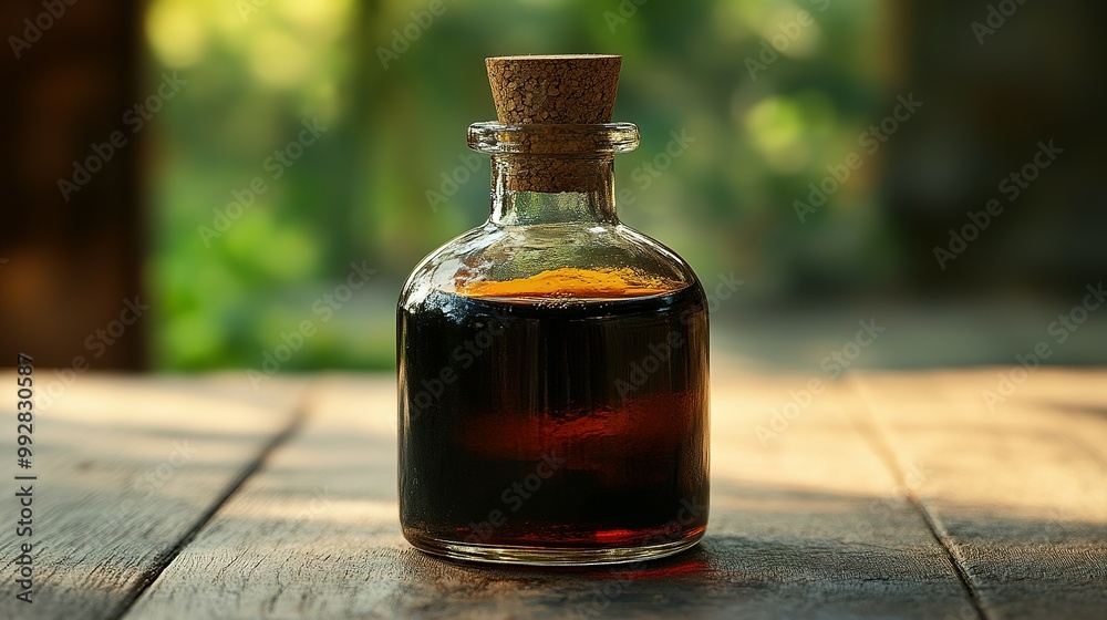 A Glass Bottle with a Cork Stopper Filled with Dark Liquid on a Wooden Surface A Glass Bottle with a Cork Stopper Filled with Dark Liquid on a Wooden Surface