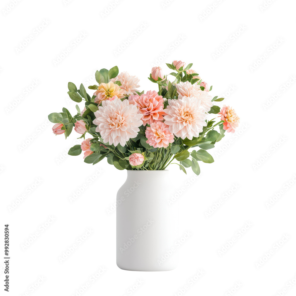 Elegant Bouquet of Pink Dahlias in a White Ceramic Vase Isolated on Transparent Background Elegant Bouquet of Pink Dahlias in a White Ceramic Vase Isolated on Transparent Background