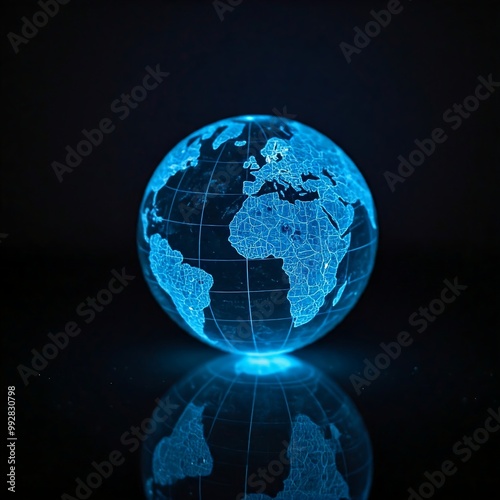 Holographic blue globe with map on dark background