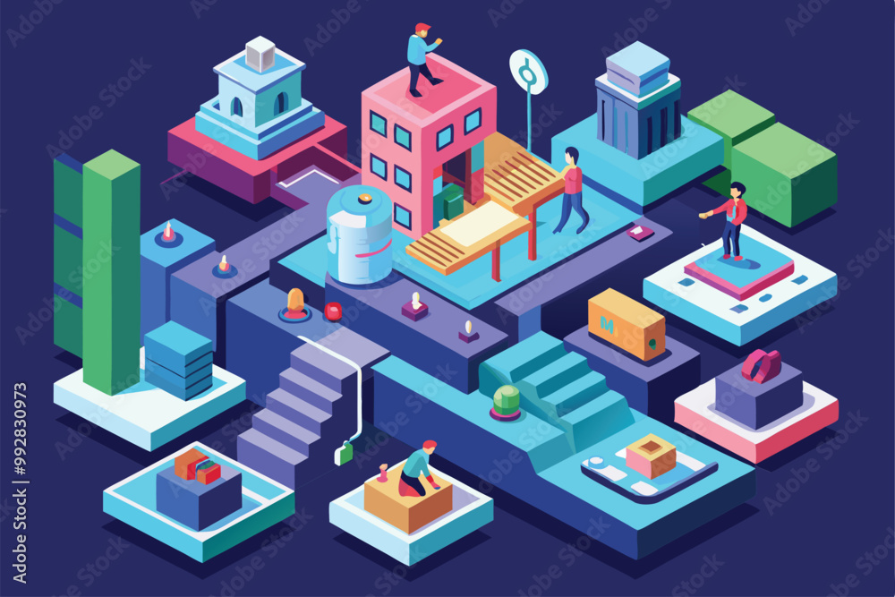 The artwork features people engaged in various activities within a colorful urban landscape, focused on project tasks, Customizable Isometric Illustration for Project Stages The artwork features people engaged in various activities within a colorful urban landscape, focused on project tasks, Customizable Isometric Illustration for Project Stages