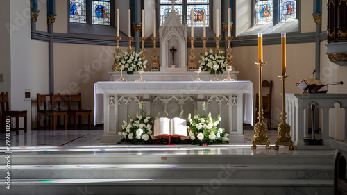 Golden Altar with Open Bible and Stained-Glass Sunlight