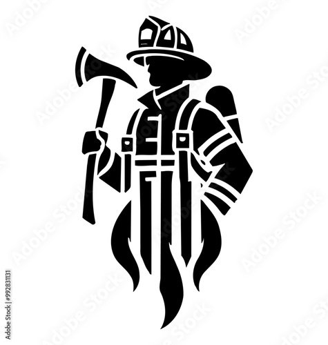 firefighter engraving black and white outline