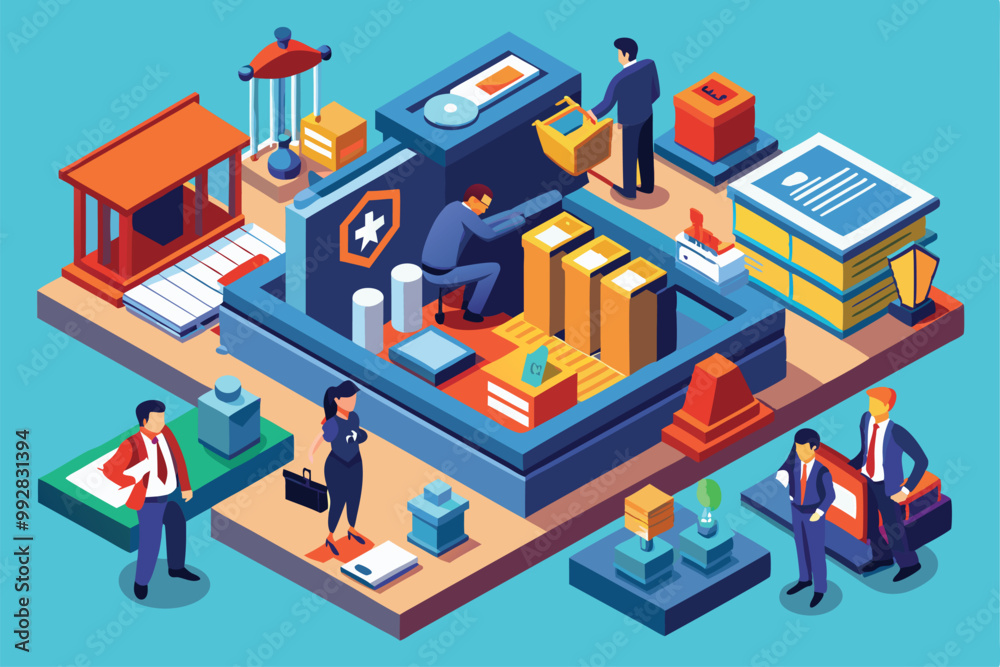 This illustration features a customizable workspace for prosecutors, highlighting legal documents and activities, Customizable isometric illustration for prosecutors. This illustration features a customizable workspace for prosecutors, highlighting legal documents and activities, Customizable isometric illustration for prosecutors.
