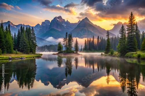 A tranquil mountain lake reflects the majestic silhouette of coniferous trees against a backdrop of rugged peaks and misty valleys in the fading light of dawn.