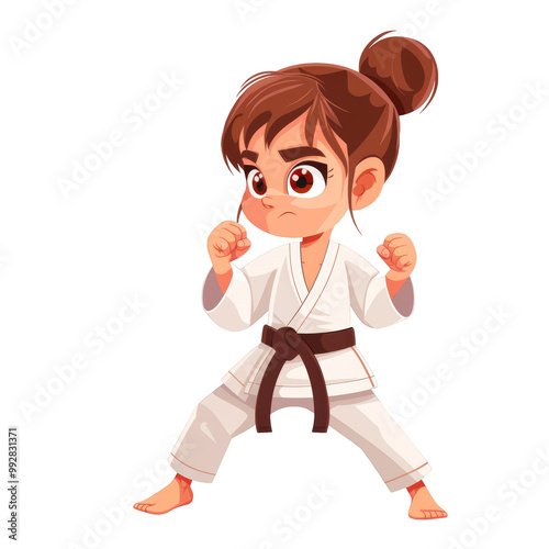 A young girl in a white karate uniform with a black belt, standing in a fighting stance, ready to strike.