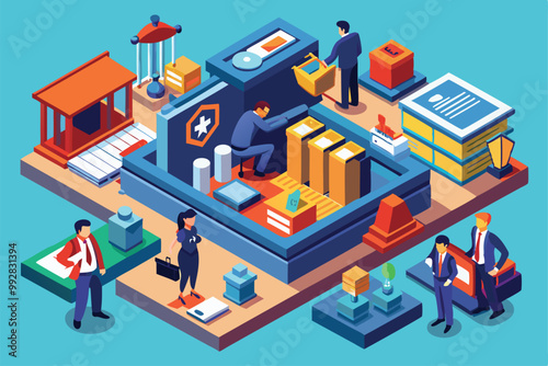 This illustration features a customizable workspace for prosecutors, highlighting legal documents and activities, Customizable isometric illustration for prosecutors.