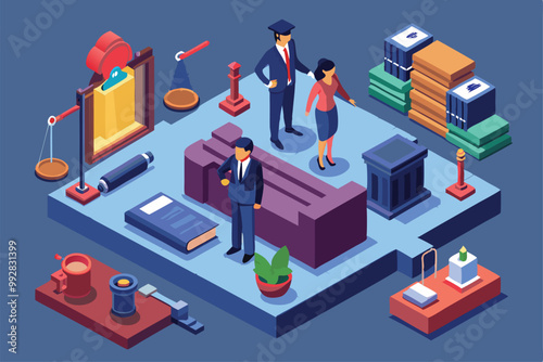 A prosecutor discusses a case with clients in a detailed isometric courtroom, highlighting legal elements, Customizable isometric illustration for prosecutors.