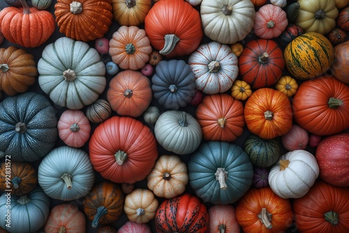 Large pile of pumpkins of various colors. Some are orange, some are white, and some are blue. colorful pumpkins of different shapes and sizes,