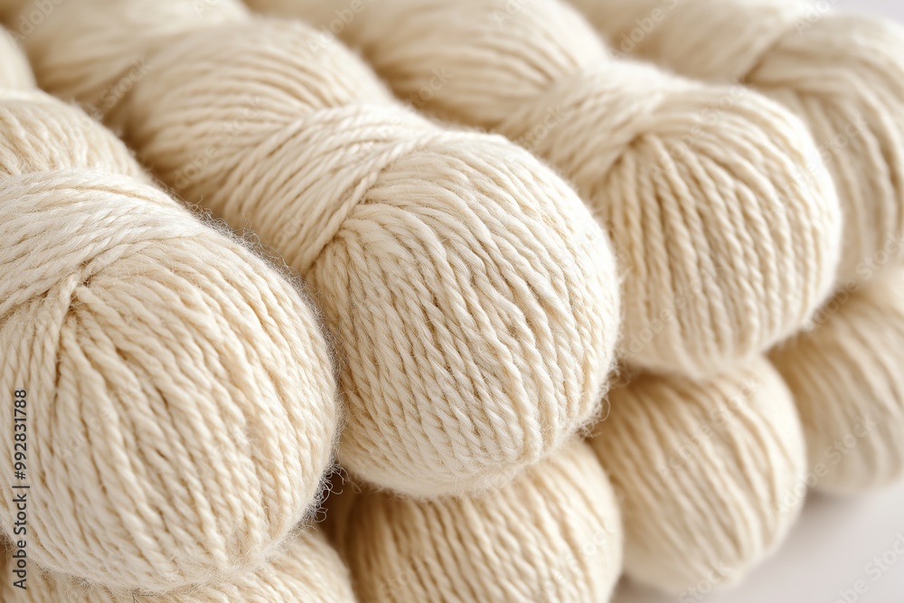 Stack of white yarn balls. The balls are all the same size and color. They are piled on top of each other white straight wool wires Stack of white yarn balls. The balls are all the same size and color. They are piled on top of each other white straight wool wires