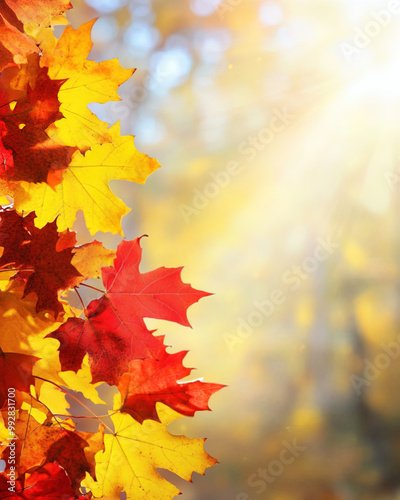 a background border of vibrant autumn leaves, colorful with sun shining through