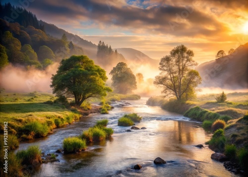 River flows tranquilly through misty valley shrouded in mystery under soft ethereal morning light with subtle mist.