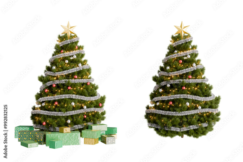 Decorated christmas trees with gifts and tinsel Decorated christmas trees with gifts and tinsel
