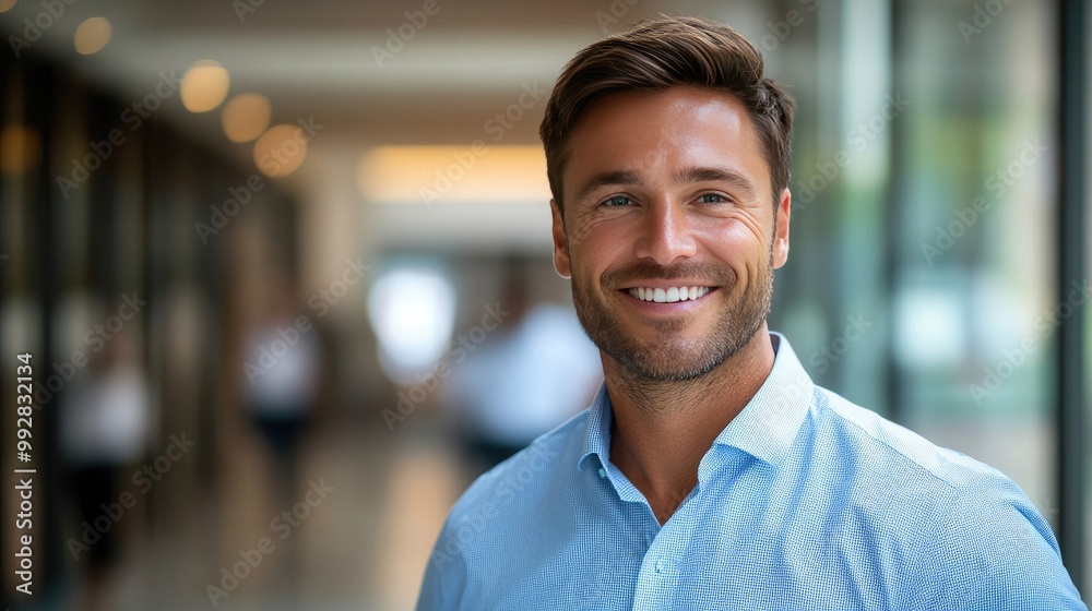 Fototapeta premium Handsome smiling business man in a blue shirt