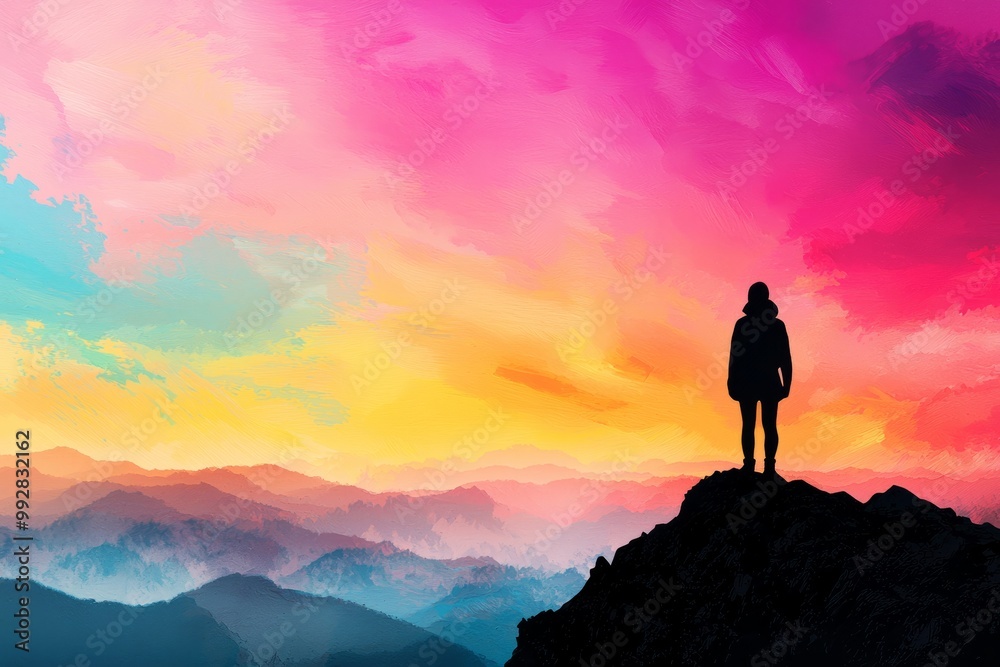 A Lone Hiker Watching The Sunrise From A Mountain Peak. The Sky Is Painted With Vibrant Colors A Lone Hiker Watching The Sunrise From A Mountain Peak. The Sky Is Painted With Vibrant Colors