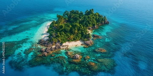 Aerial View of Tropical Island Surrounded by Clear Water