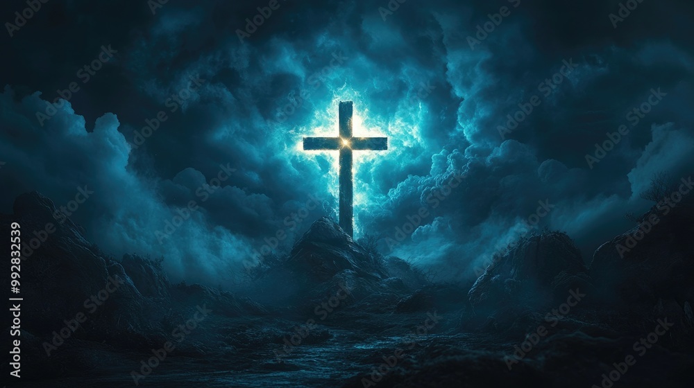 Naklejka premium Holy cross symbolizing the themes of death and resurrection with a lighted sky