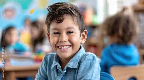 Smiling Young Boy in Classroom.