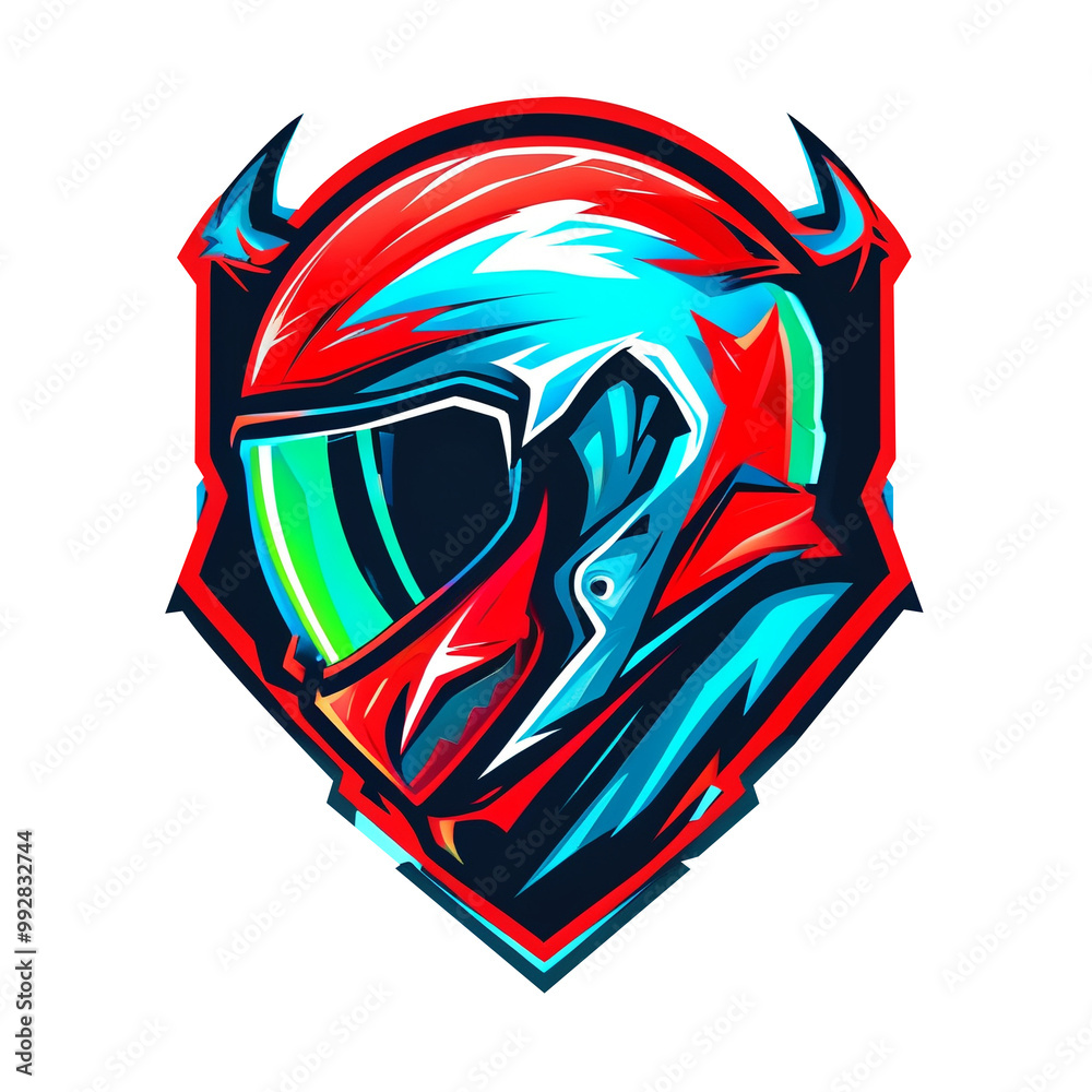 Naklejka premium A helmet with a devil on top and a star on the bottom. The helmet is red and blue