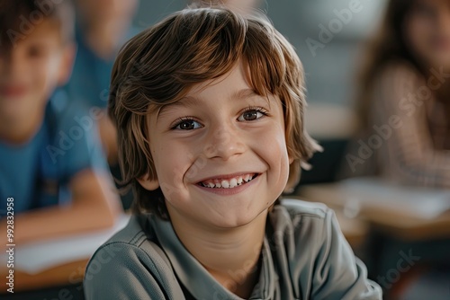 Smiling Young Boy in Classroom.