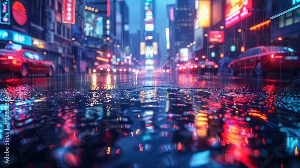 3D Rendering of neon mega city with light reflection from puddles on street heading toward buildings. Concept for night life, business district center (CBD)Cyber punk theme, tech background 3D Rendering of neon mega city with light reflection from puddles on street heading toward buildings. Concept for night life, business district center (CBD)Cyber punk theme, tech background