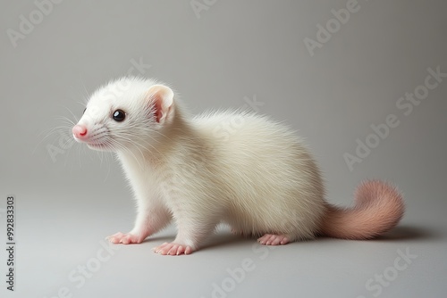 A playful white ferret with a soft pink tail, perched on a smooth gray studio background.