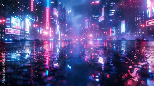 3D Rendering of neon mega city with light reflection from puddles on street heading toward buildings. Concept for night life, business district center (CBD)Cyber punk theme, tech background 