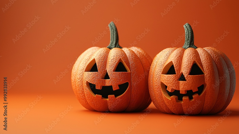 Cheerful twin carved pumpkins with playful faces against a bright orange background, perfect for Thanksgiving and Halloween-themed designs or decor. Cheerful twin carved pumpkins with playful faces against a bright orange background, perfect for Thanksgiving and Halloween-themed designs or decor.