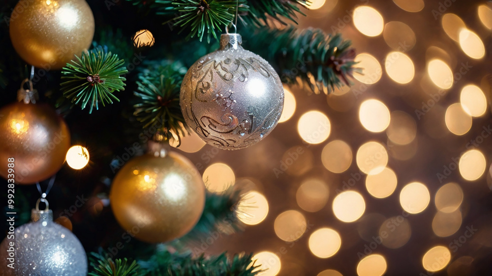 Christmas Tree With Baubles And Blurred Shiny Lights Christmas Tree With Baubles And Blurred Shiny Lights